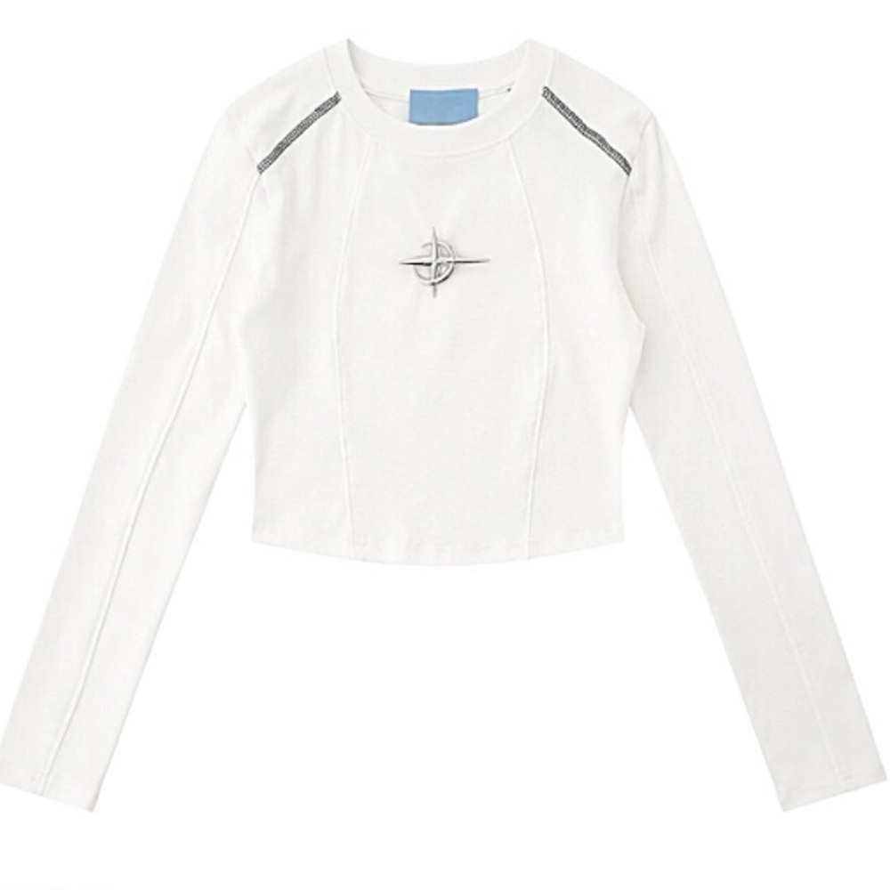 White Long-Sleeve Cropped Compass Top